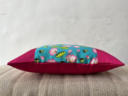Pichwai Art Lotus Motif Cushion Cover - Blue & Pink | Satin Fabric | 16" x 16"