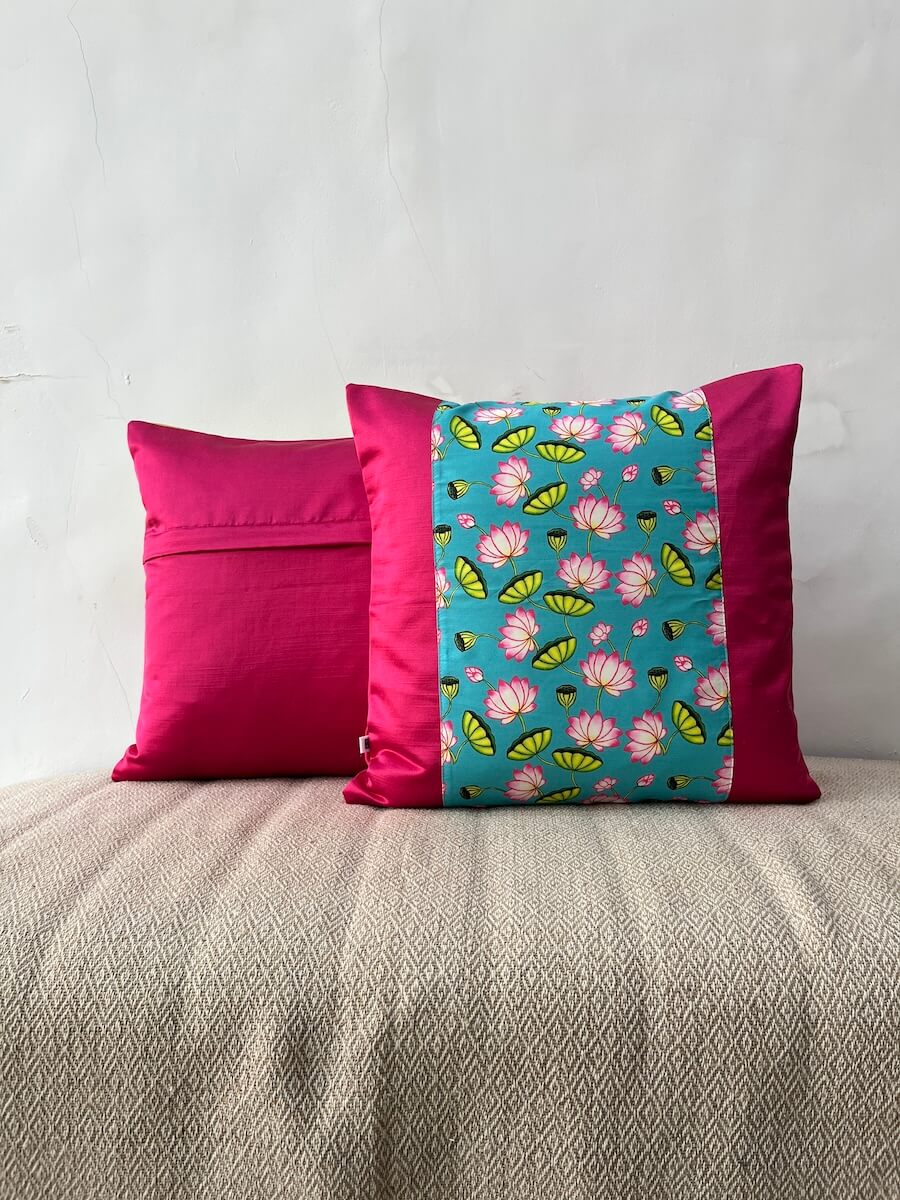 Pichwai Art Lotus Motif Cushion Cover - Blue & Pink | Satin Fabric | 16" x 16"