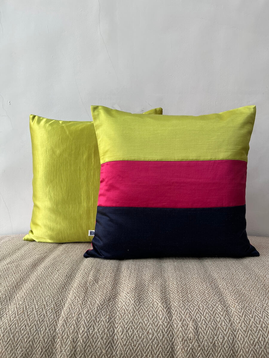 Premium Slub Silk Color Block Cushion Cover - 16” x 16”