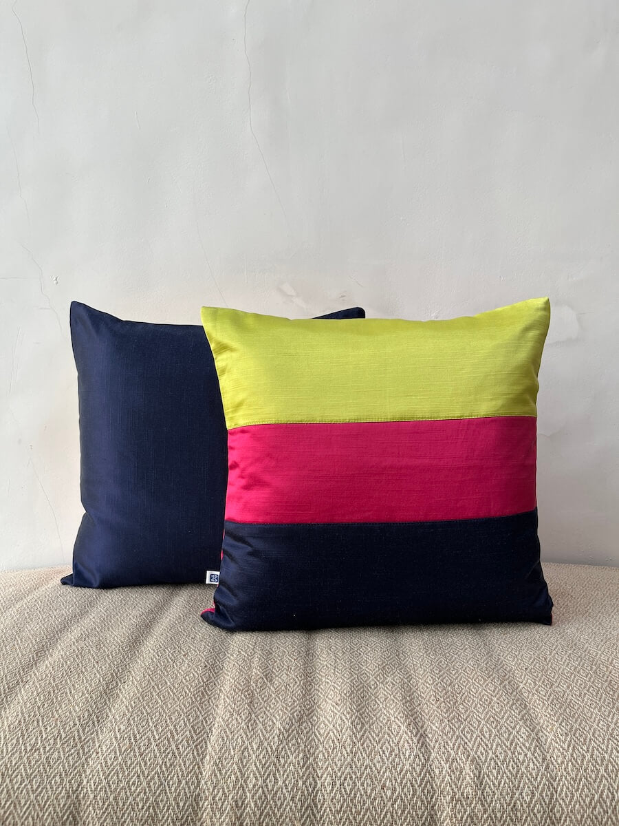 Premium Slub Silk Color Block Cushion Cover - 16” x 16”