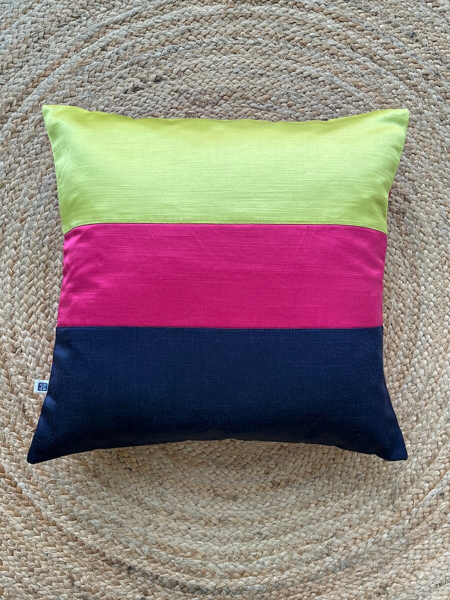 Premium Slub Silk Color Block Cushion Cover - 16” x 16”