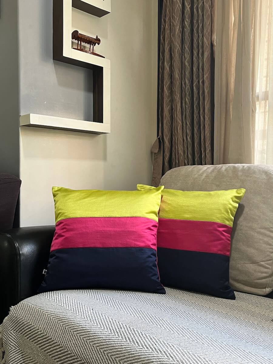 Premium Slub Silk Color Block Cushion Cover - 16” x 16”