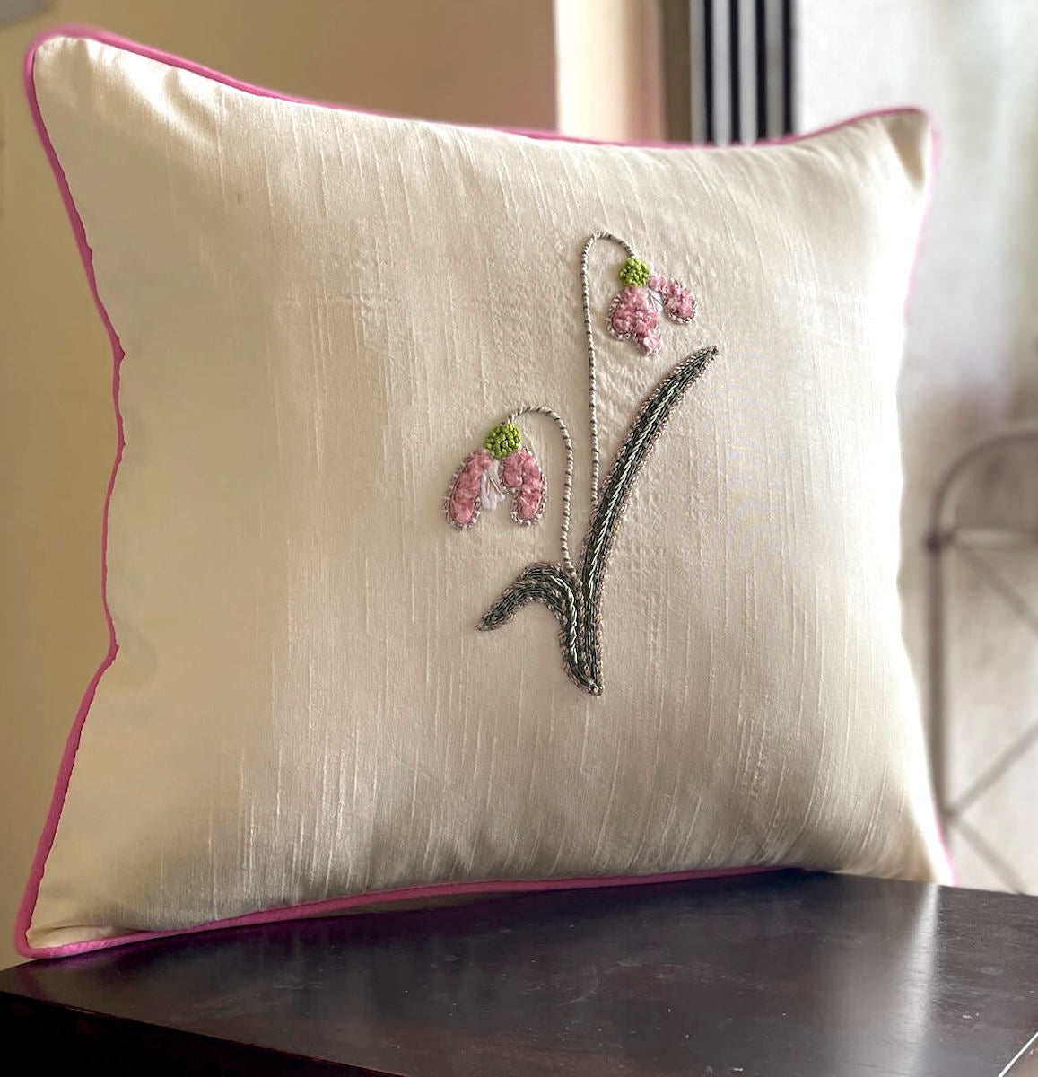 Floral Hand Embroidered Dupion Silk Cushion Cover Size 16"x16"