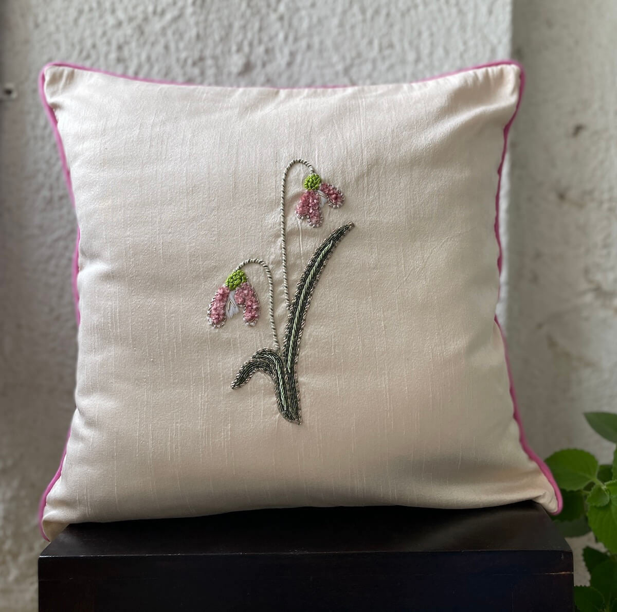 Floral Hand Embroidered Dupion Silk Cushion Cover Size 16"x16"