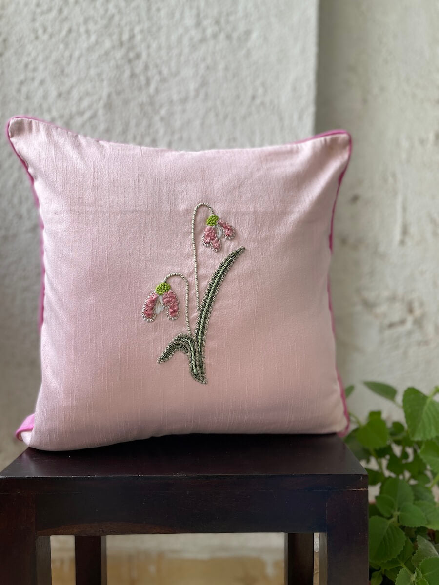 Floral Hand Embroidered Dupion Silk Cushion Cover Size 16"x16"