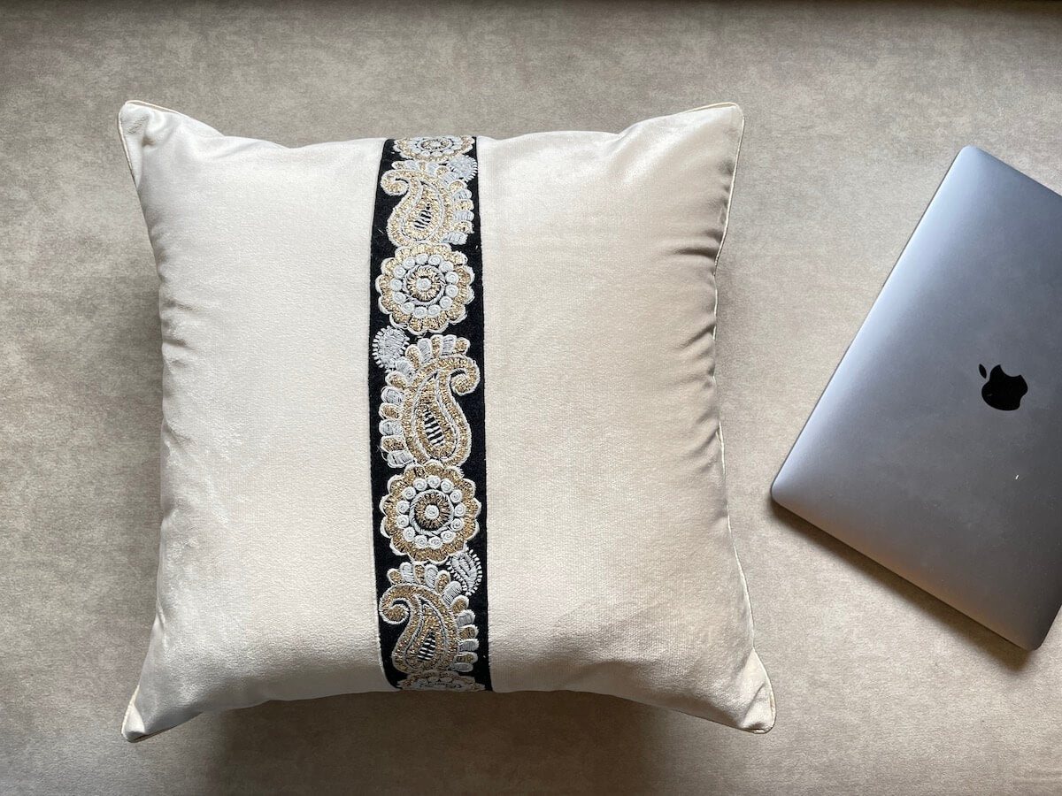 Bold Embroidered Lace Velvet Off-White Color Cushion Cover - 16''x16" Size