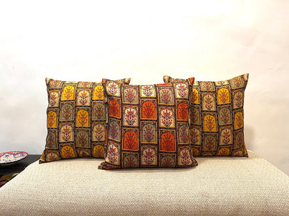 Classy Mughal Floral Design Printed Khadi Silk Cushion Cover - 16''x16" Size