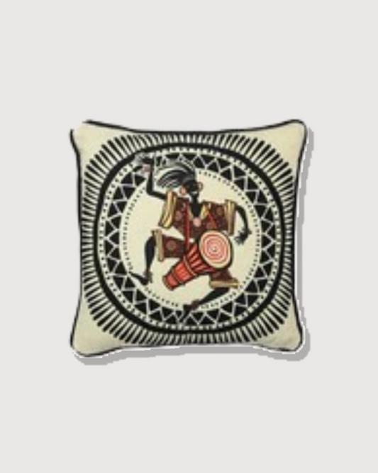 African Dancing Drumer Print Art Silk Chenille Weave Cream Cushion Cover Size 16"x16"