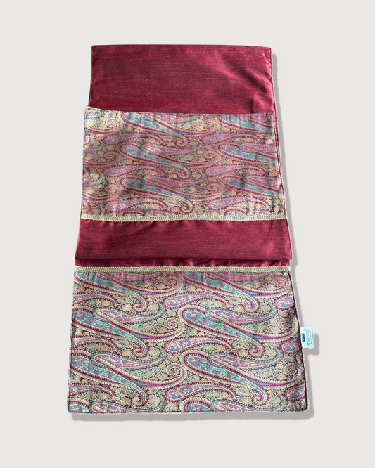 Gul Ambi Maroon Banarasi Brocade & Dupion Silk Table Runner & Matching Tray Combo Set