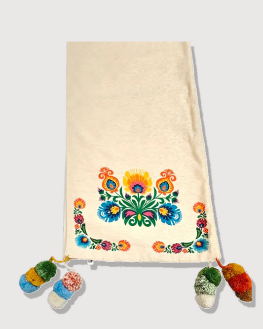 Polska Motif Chenille Table Runner 14” x 72” | Cream Decorative Dining Table Runner with Pom-Poms