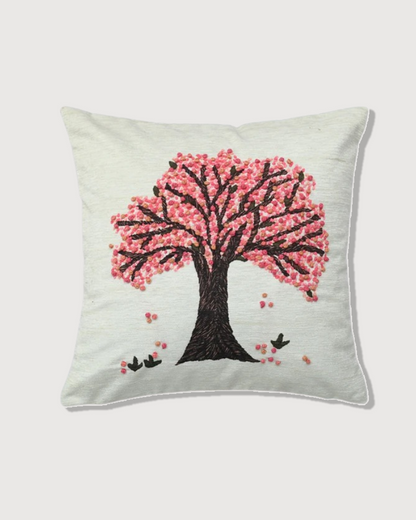 Tree of Life Hand Knot Embroidery and Print  Art Silk Cheneil Weave Offwhite and Pink Cushion Cover Size 16"x16"