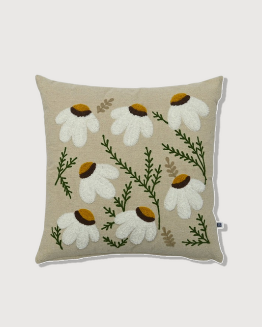 Hand Embroidery Aster Light Brown Cotton Cushion Cover Size 16"x16"