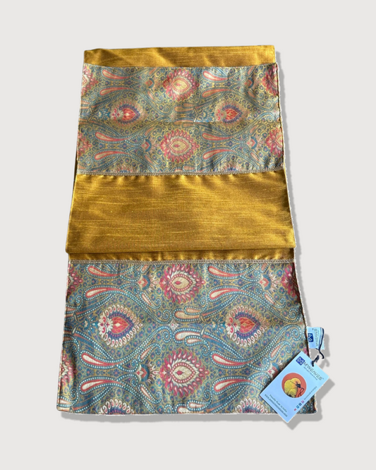 Banarasi Baag Brocade Traditional Festive Mustard Green Table Runner 14"x60"