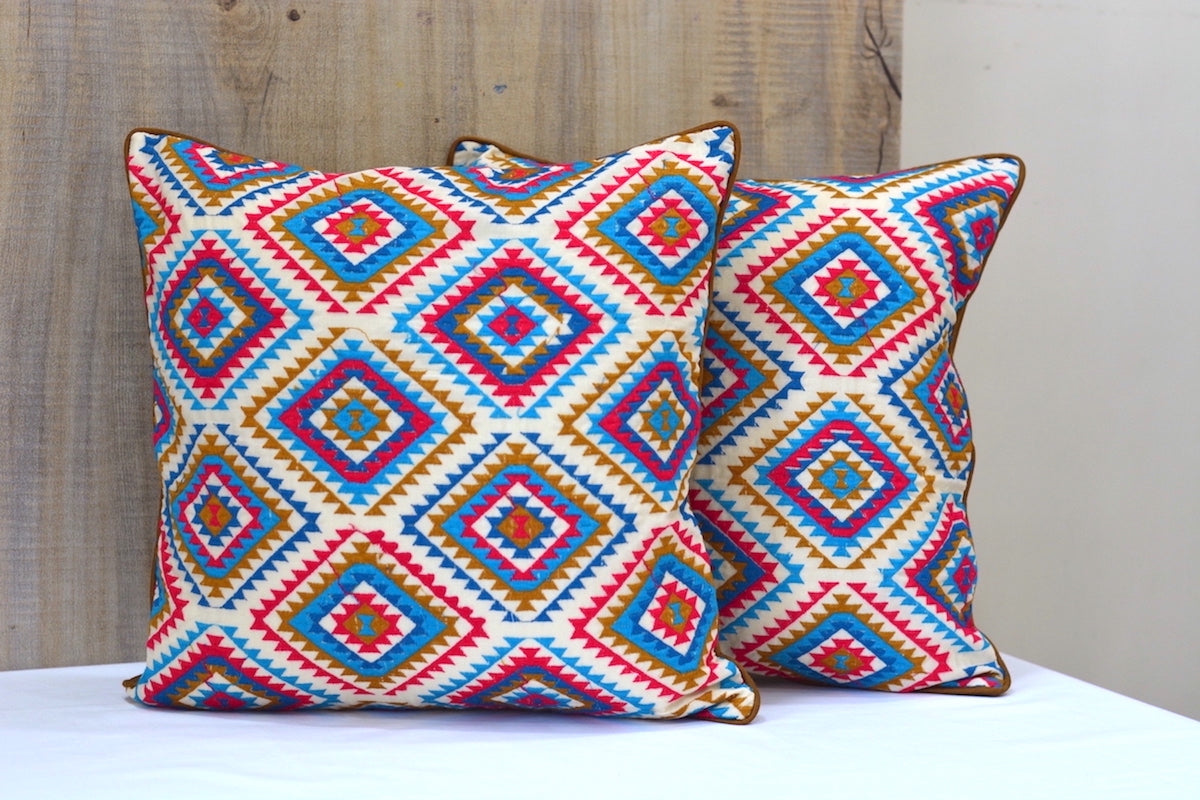 Bohemian Embroidered Multicolor Cotton Cushion Cover Size 16"x16"