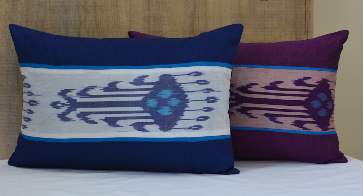 Ikat Bold Design Printed Cotton White and Blue Lumbar Cushion Cover Size 12"x18"