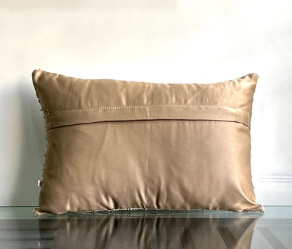 Hand Embroidered Metallic Zig Zag Lines Pattern Art Silk Cream Lumbar Cushion Cover Size 12"x18"