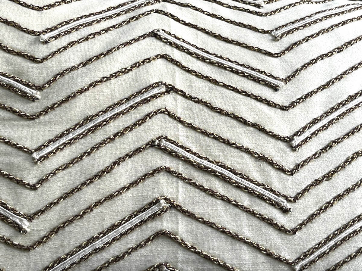 Hand Embroidered Metallic Zig Zag Lines Pattern Art Silk Cream Lumbar Cushion Cover Size 12"x18"