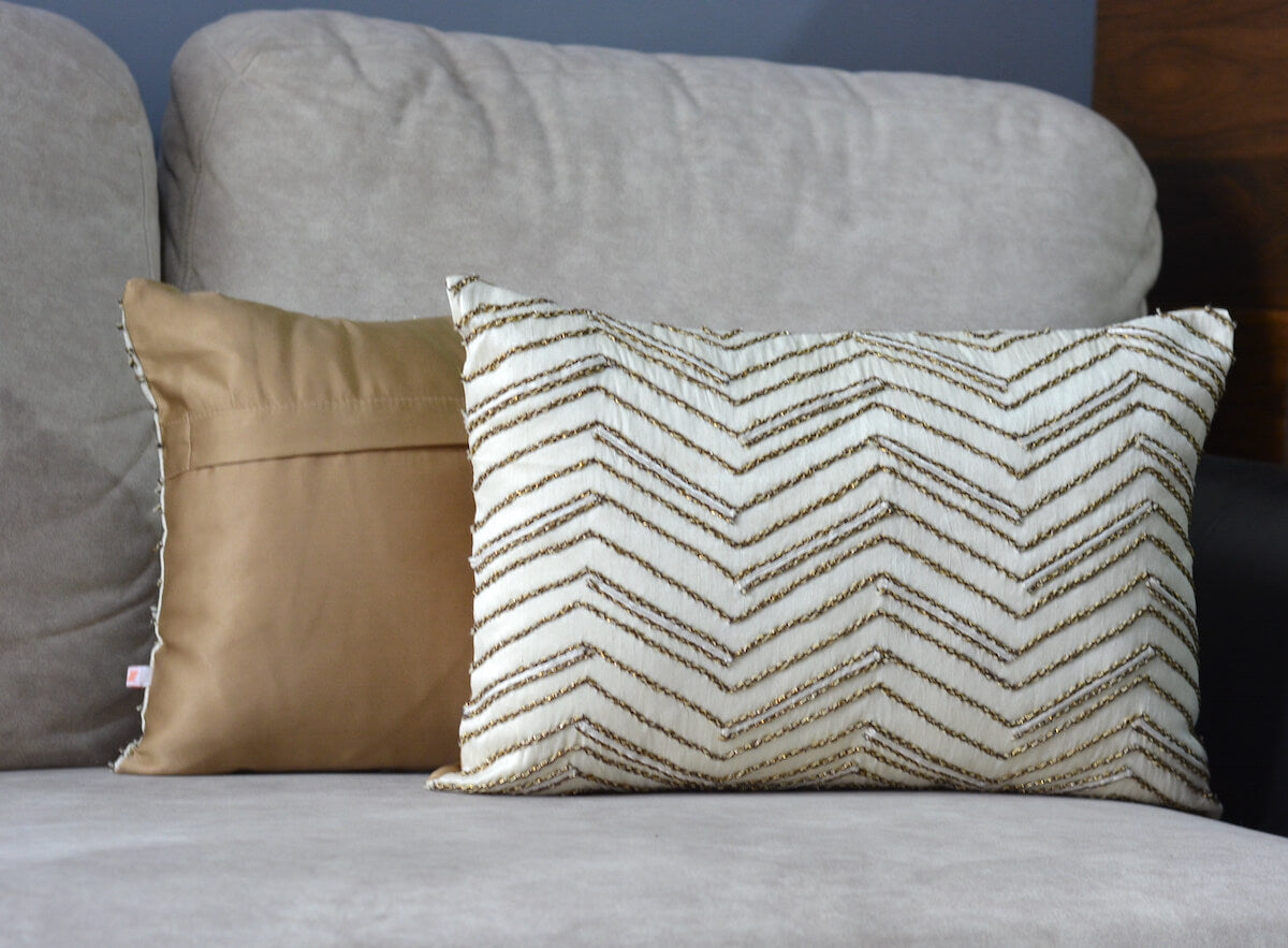 Hand Embroidered Metallic Zig Zag Lines Pattern Art Silk Cream Lumbar Cushion Cover Size 12"x18"