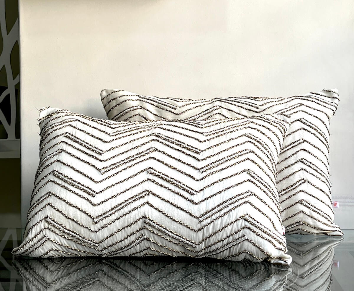 Hand Embroidered Metallic Zig Zag Lines Pattern Art Silk Cream Lumbar Cushion Cover Size 12"x18"