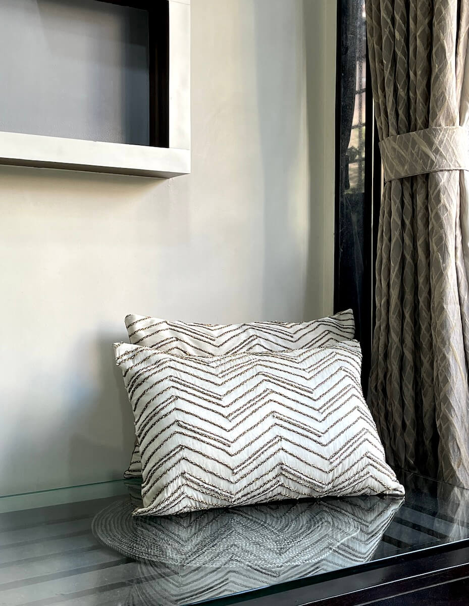 Hand Embroidered Metallic Zig Zag Lines Pattern Art Silk Cream Lumbar Cushion Cover Size 12"x18"