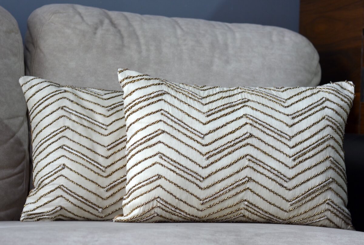 Hand Embroidered Metallic Zig Zag Lines Pattern Art Silk Cream Lumbar Cushion Cover Size 12"x18"