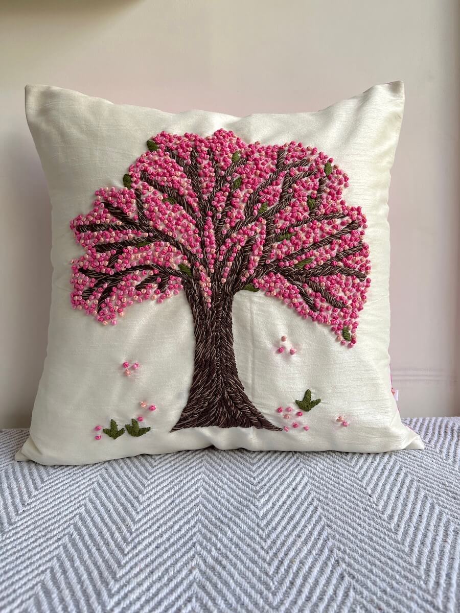 French Knot Embroidery Tree of Life Motif Embroidered Dupion Silk Cushion Cover Size 16"x16"