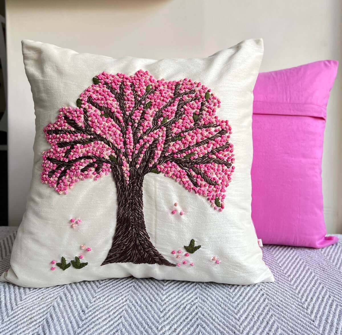 French Knot Embroidery Tree of Life Motif Embroidered Dupion Silk Cushion Cover Size 16"x16"