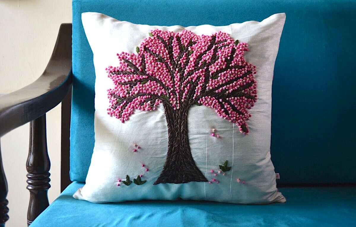 French Knot Embroidery Tree of Life Motif Embroidered Dupion Silk Cushion Cover Size 16"x16"