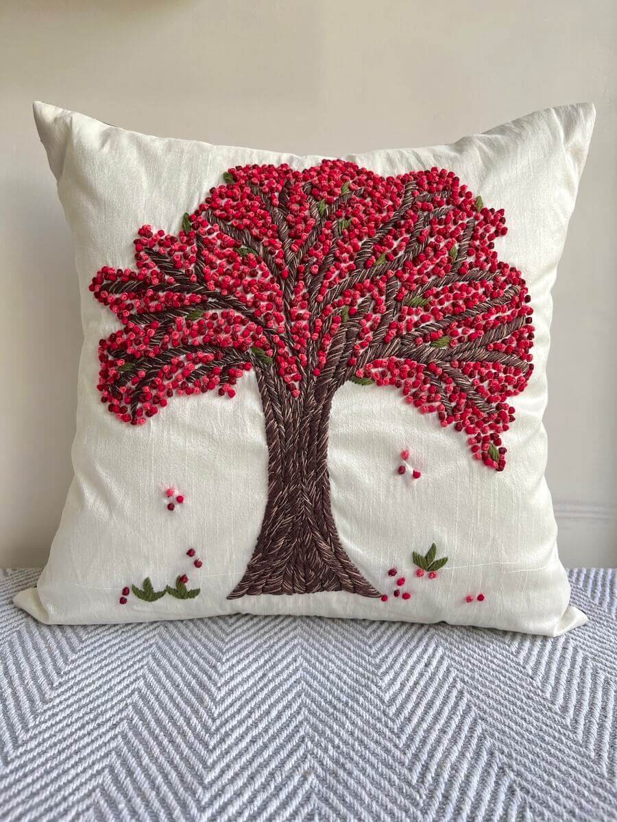 French Knot Embroidery Tree of Life Motif Embroidered Dupion Silk Cushion Cover Size 16"x16"