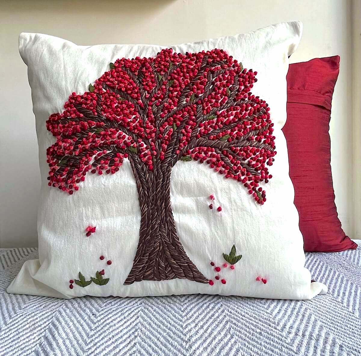 French Knot Embroidery Tree of Life Motif Embroidered Dupion Silk Cushion Cover Size 16"x16"