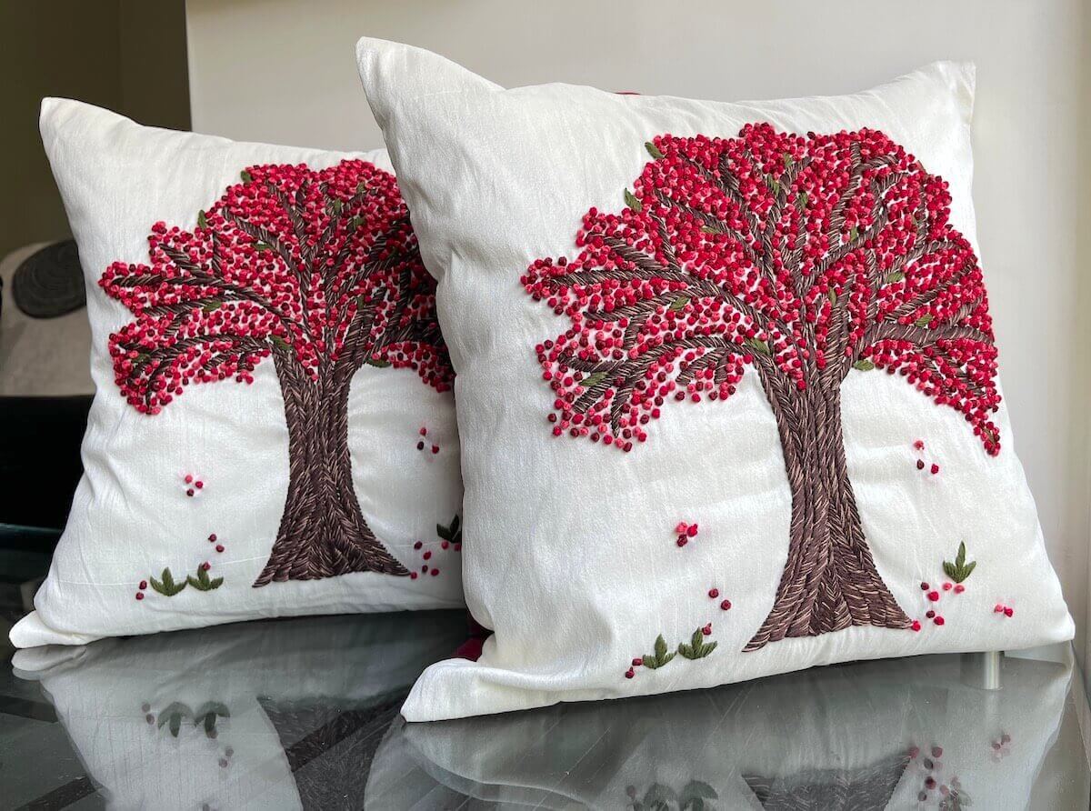 French Knot Embroidery Tree of Life Motif Embroidered Dupion Silk Cushion Cover Size 16"x16"