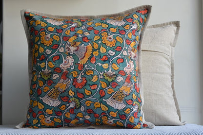 Kalamkari Floral Design Green Colour Cotton Cushion Cover Size 16"x16"
