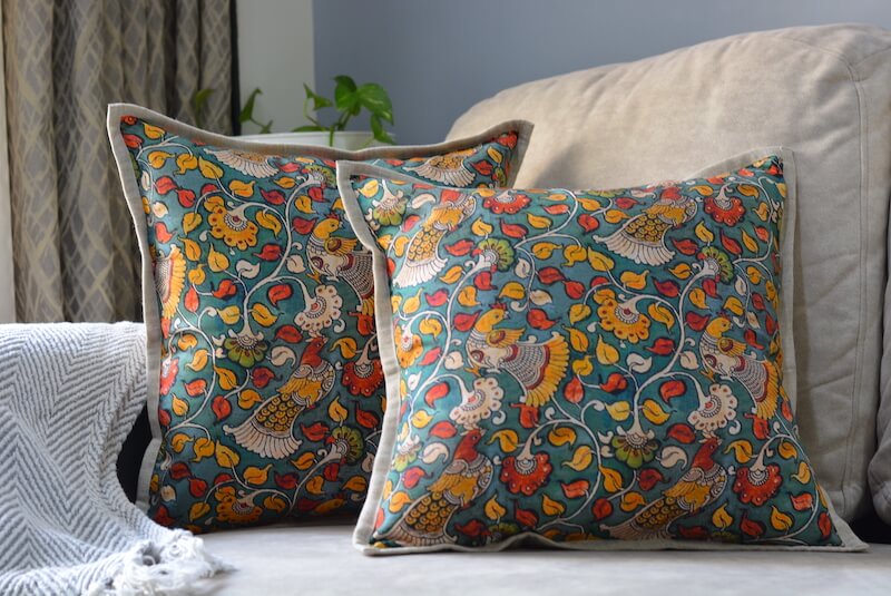 Kalamkari Floral Design Green Colour Cotton Cushion Cover Size 16"x16"