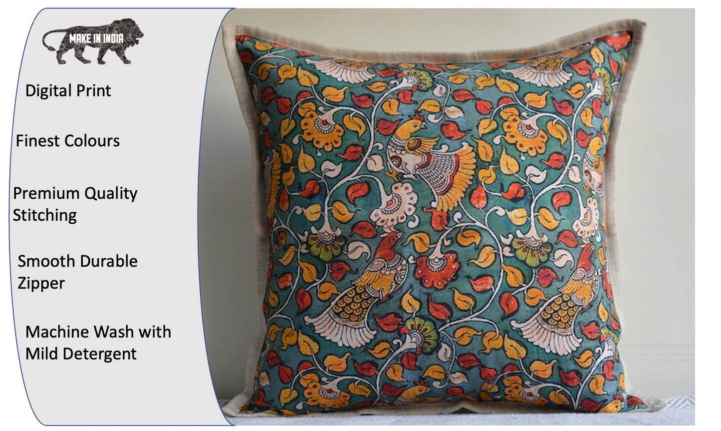 Kalamkari Floral Design Green Colour Cotton Cushion Cover Size 16"x16"