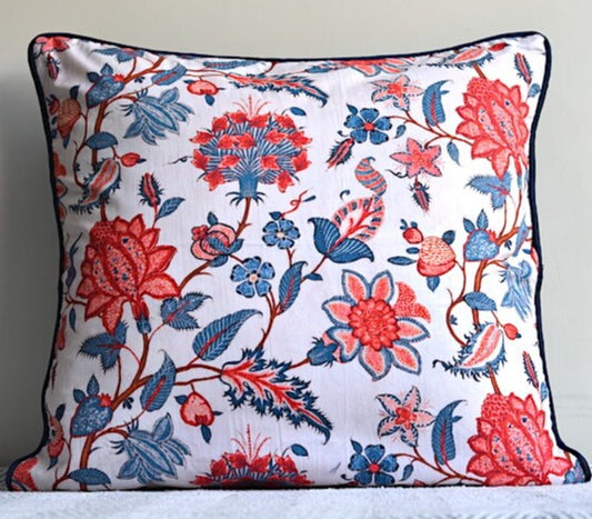 Kalamkari Floral Design White Colour Cushion Cover Size 16"x16"