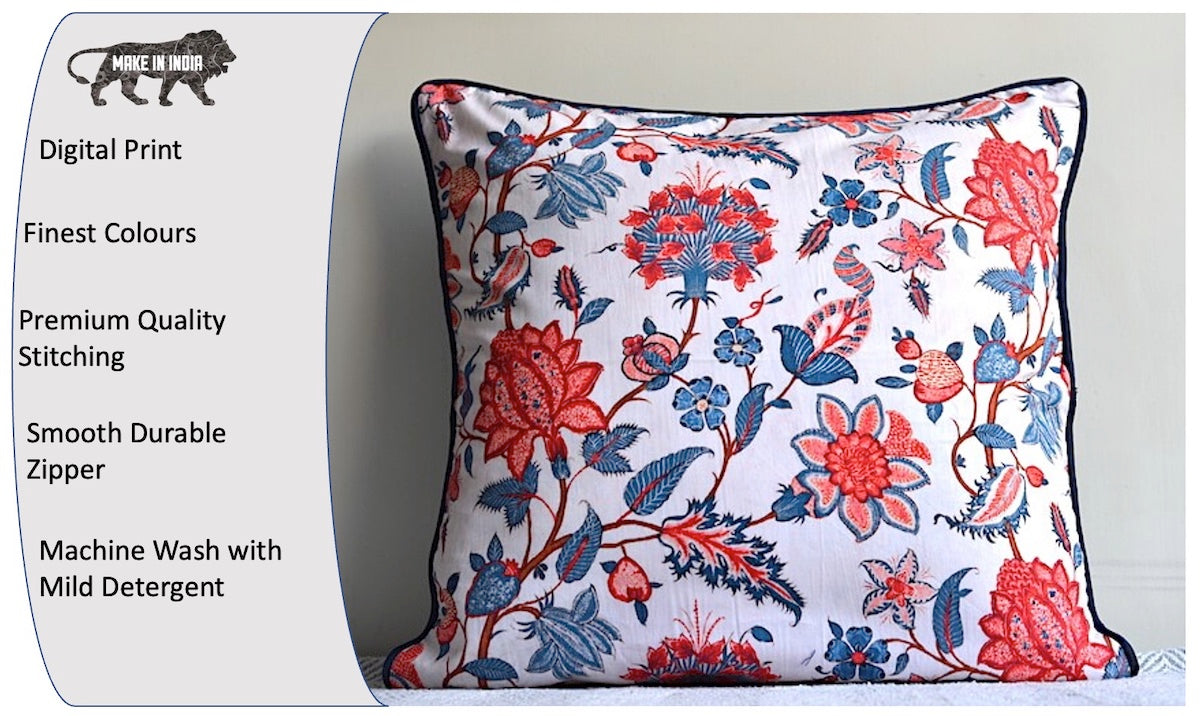 Kalamkari Floral Design White Colour Cushion Cover Size 16"x16"