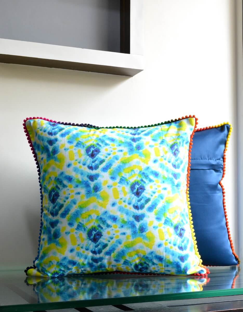 Tie Dye Pattern Neon Yellow & Blue Colours Cotton Cushion Cover Size - 16"x16"