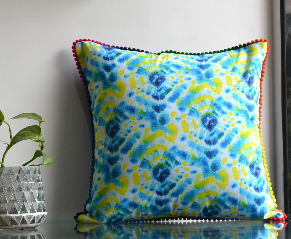 Tie Dye Pattern Neon Yellow & Blue Colours Cotton Cushion Cover Size - 16"x16"