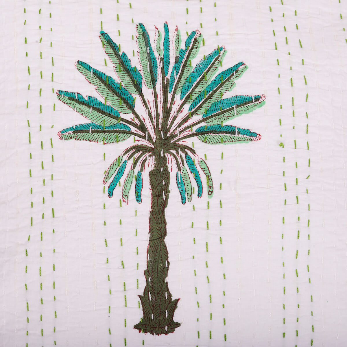 Hand Block Print Palm Tree Decorative Stitch Cotton Cushion Cover Size- 16"x16"