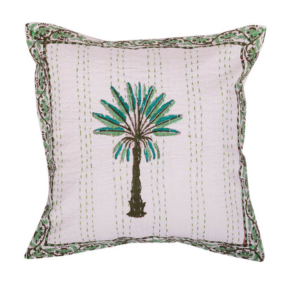 Hand Block Print Palm Tree Decorative Stitch Cotton Cushion Cover Size 16"x16"