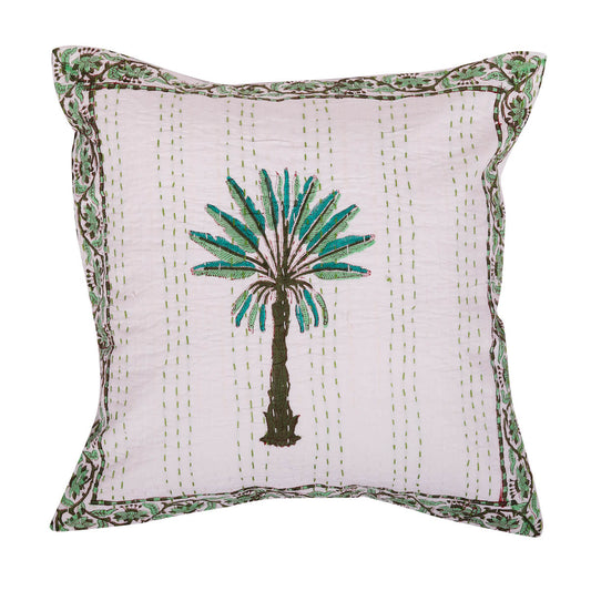 Hand Block Print Palm Tree Decorative Stitch Cotton Cushion Cover Size- 16"x16"