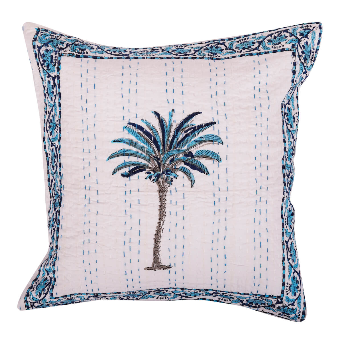 Hand Block Print Palm Tree Decorative Stitch Cotton Cushion Cover Size- 16"x16"