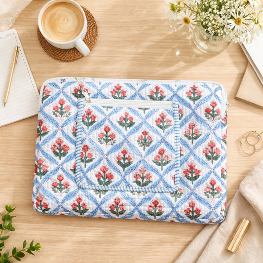 Mughal Meadow  Block Print Quilted  Cotton Laptop Sleeve with Front Pocket Blue 10"x15"