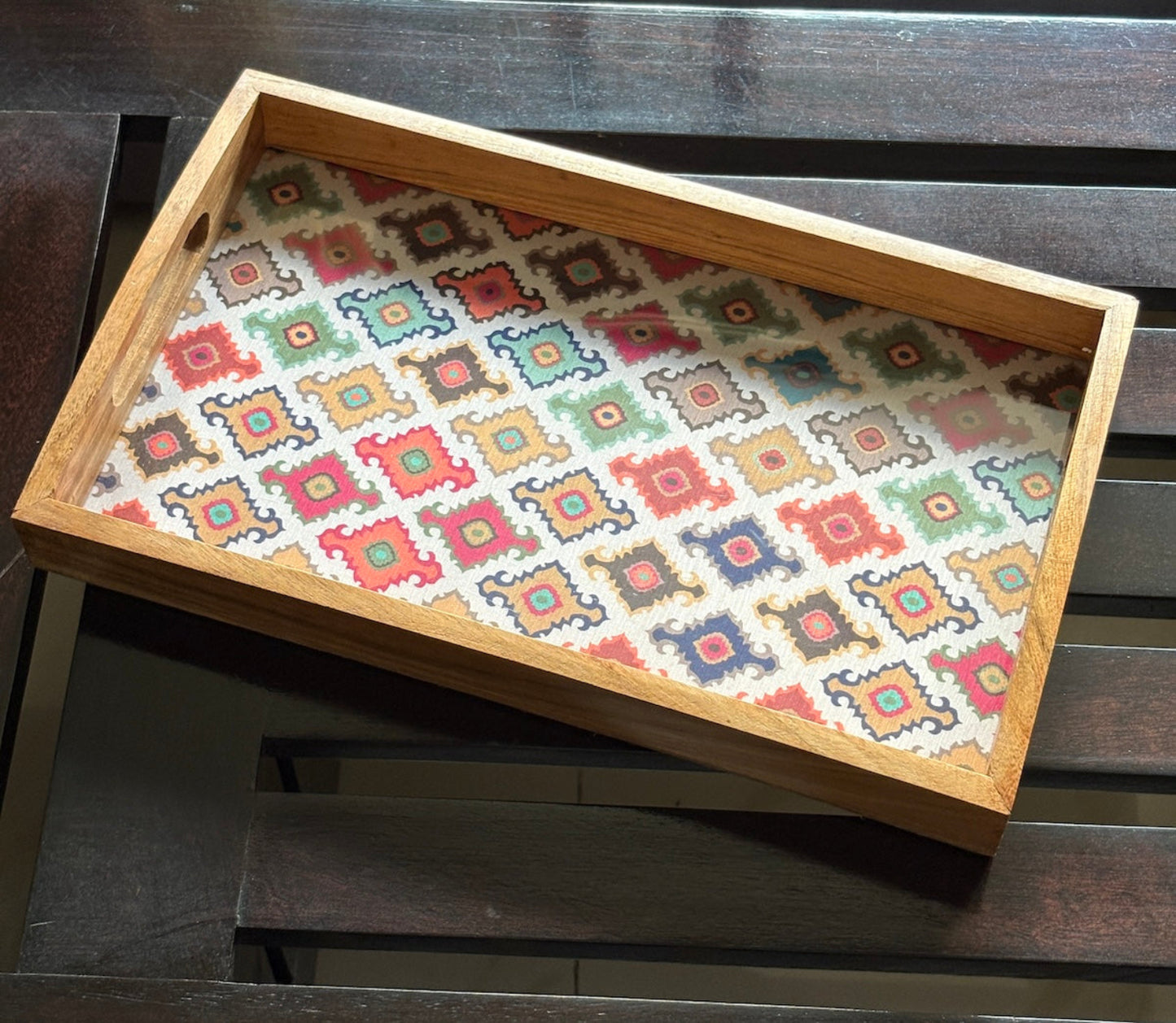 Handcrafted Traditional Festive Multicolor Printed Upcycled Fabric Wooden Rectangular Tray – 14" x 8.5"