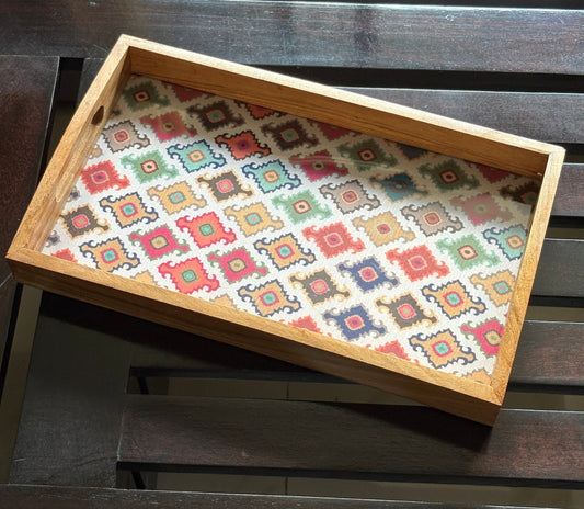 Handcrafted Traditional Festive Multicolor Printed Upcycled Fabric Wooden Rectangular Tray – 14" x 8.5"