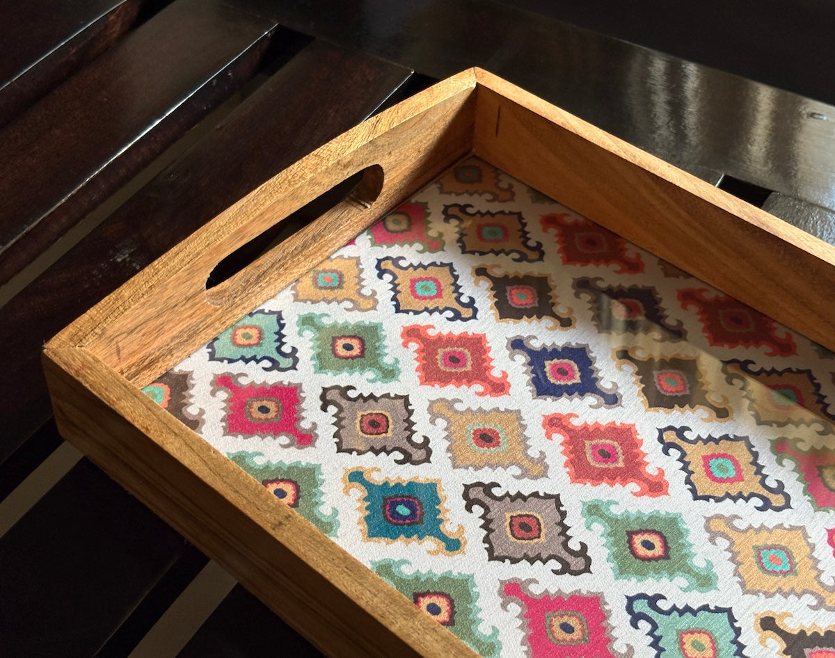 Handcrafted Traditional Festive Multicolor Printed Upcycled Fabric Wooden Rectangular Tray – 14" x 8.5"
