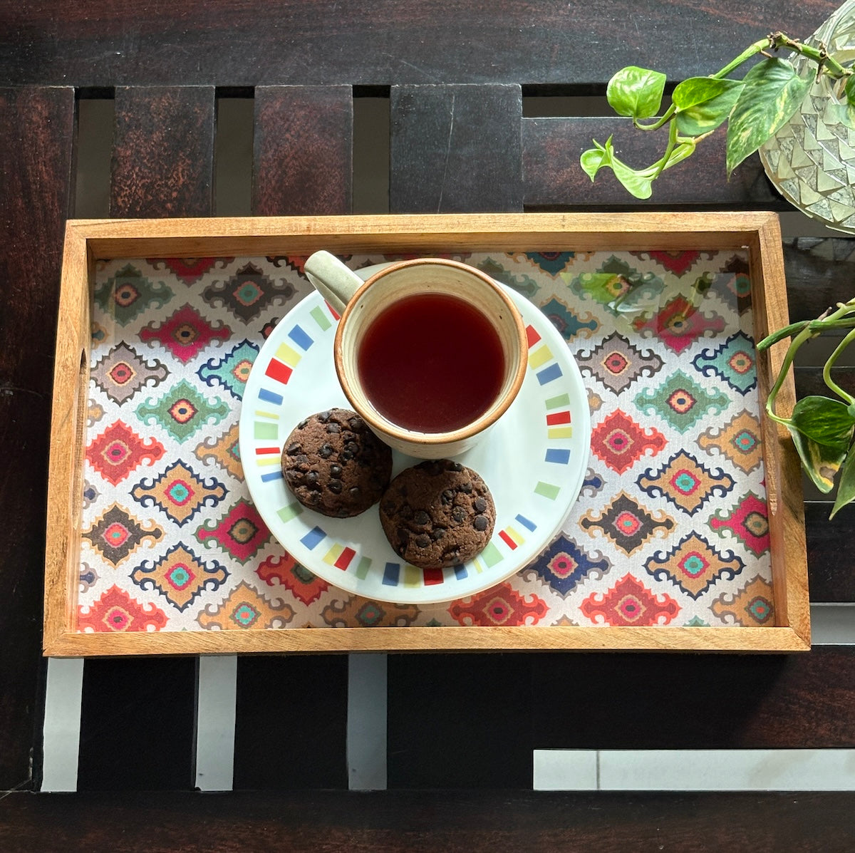 Handcrafted Traditional Festive Multicolor Printed Upcycled Fabric Wooden Rectangular Tray – 14" x 8.5"