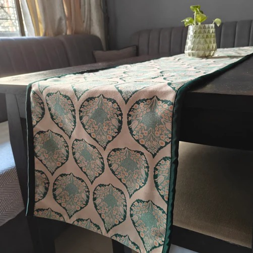 Pan Magic Printed Cream Green Polyester Canvas Table Runner 4 Seater Size 13"x72"