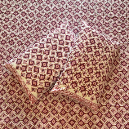 Hand Block Printed Prism Wine Cotton Bedsheet King Size-90"x108"