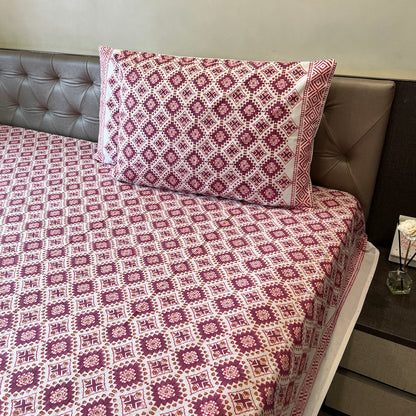 Hand Block Printed Prism Wine Cotton Bedsheet King Size-90"x108"